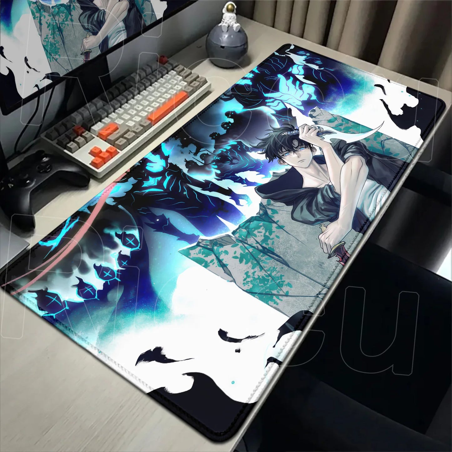 Anime-themed desk setup with a large mouse pad featuring an anime character.