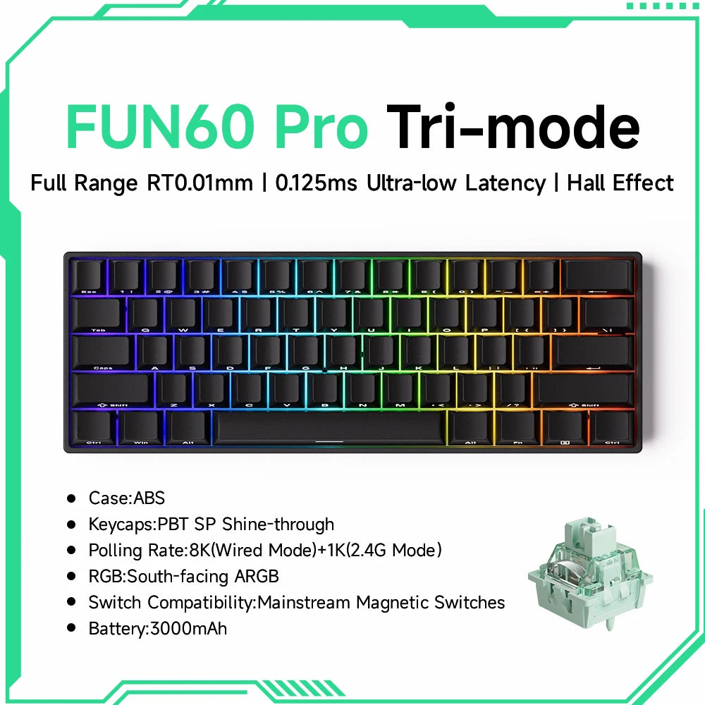 FUN60 Pro Tri-mode keyboard with specifications on a white background