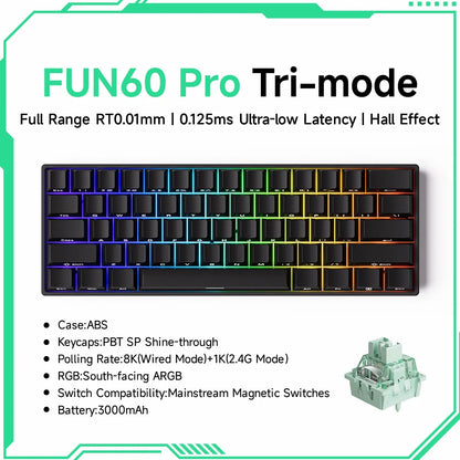 FUN60 Pro Tri-mode keyboard with specifications on a white background