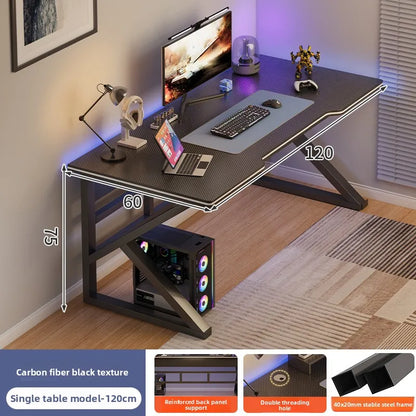 Gaming desk with computer setup, measurements, and product features displayed.