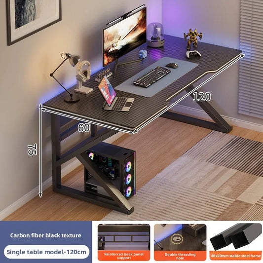 Gaming desk with computer setup, measurements, and product features displayed.