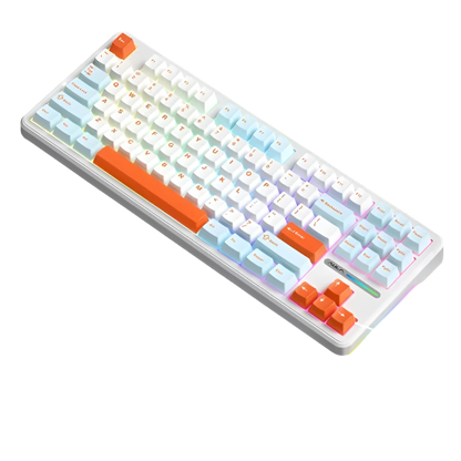 Mechanical keyboard with colorful backlight on a black background, featuring text about connection modes and features.