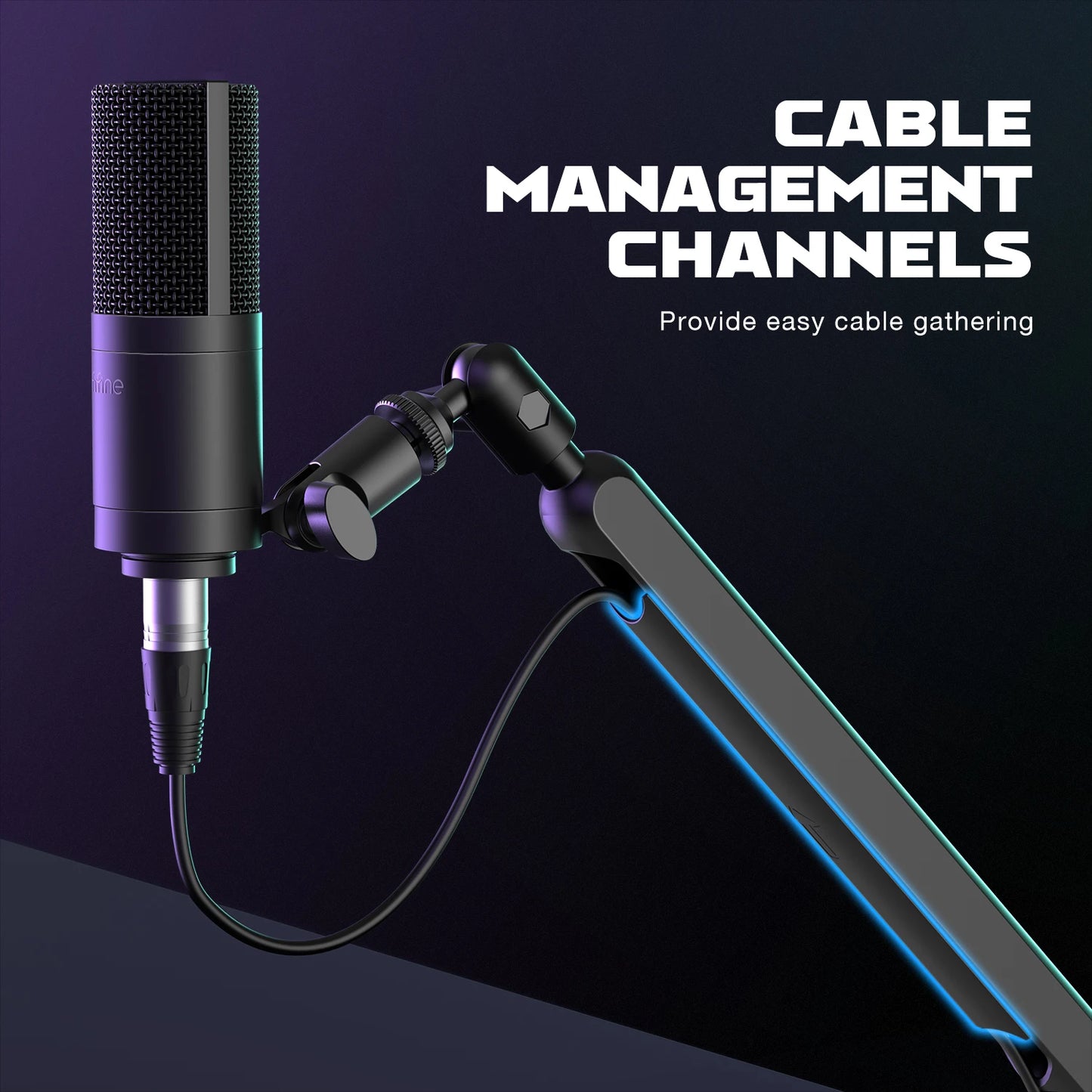Microphone with cable management channels on a dark background