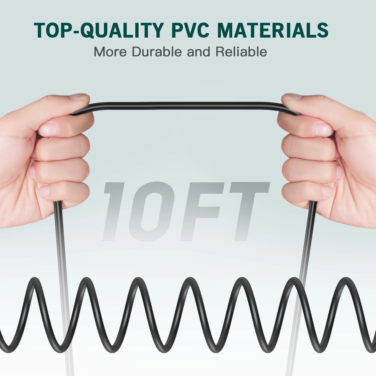 Two hands holding a coiled black PVC pipe with text about top-quality PVC materials.
