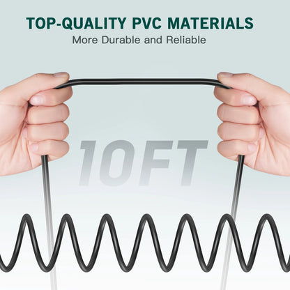 Two hands holding a coiled black PVC pipe with text about top-quality PVC materials.