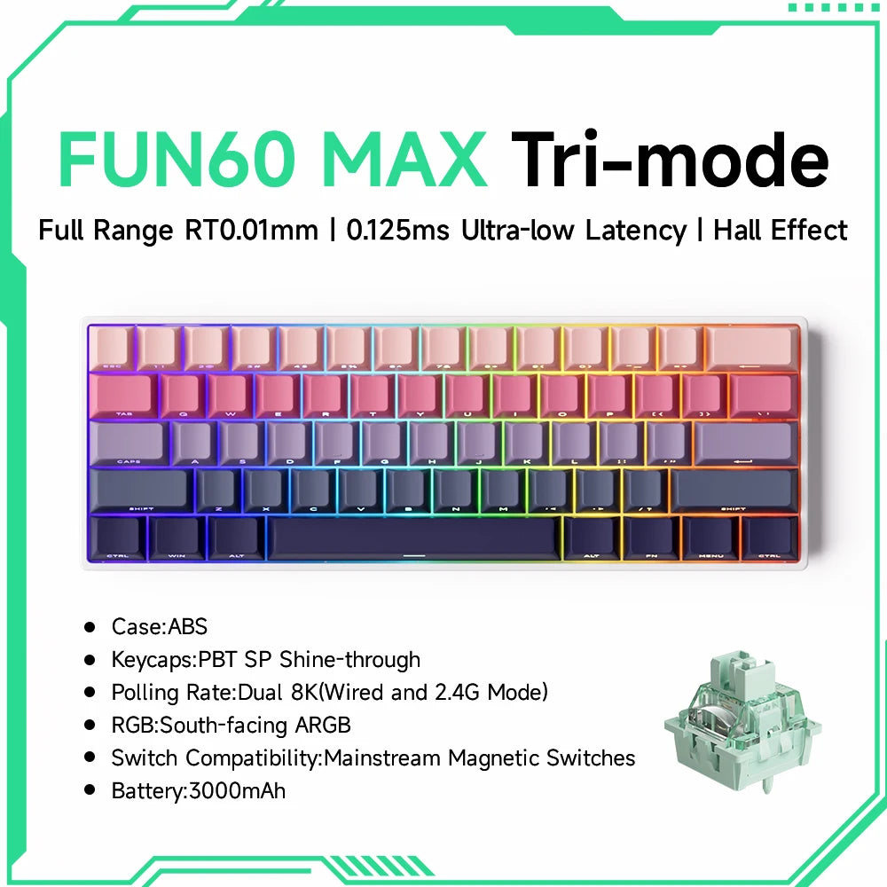 Keyboard with colorful keycaps on a white background, featuring text about its features.