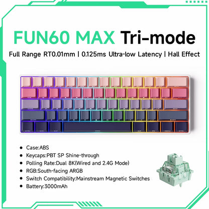 Keyboard with colorful keycaps on a white background, featuring text about its features.