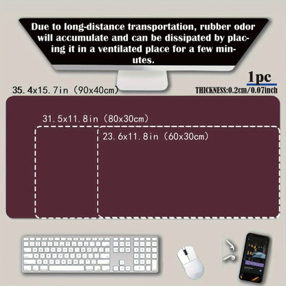 Desk mat with dimensions and product details on a neutral background