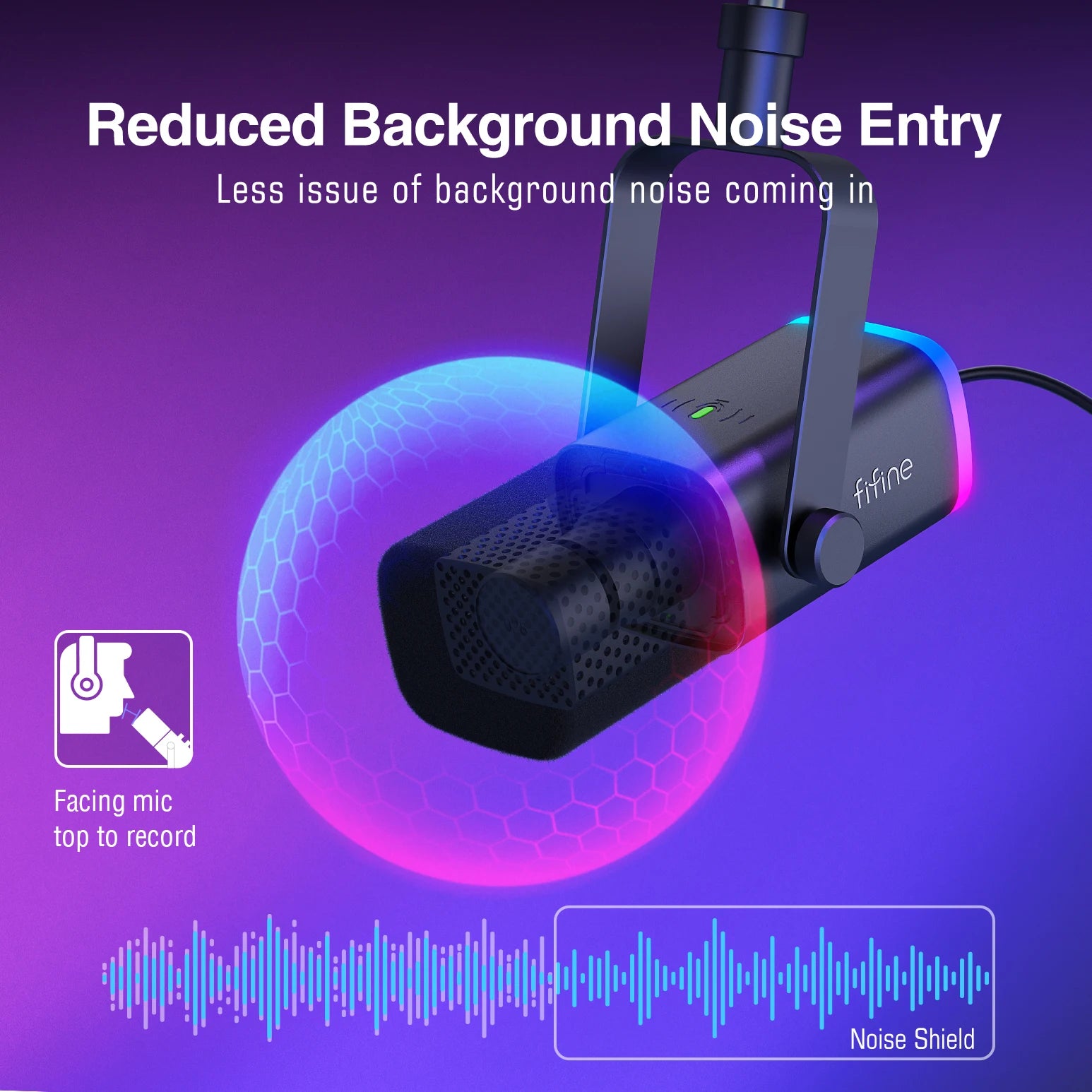 Noise reduction device with text 'Reduced Background Noise Entry' on a purple background