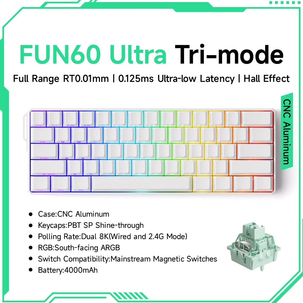 FUN60 Ultra Tri-mode keyboard with specifications on a white background