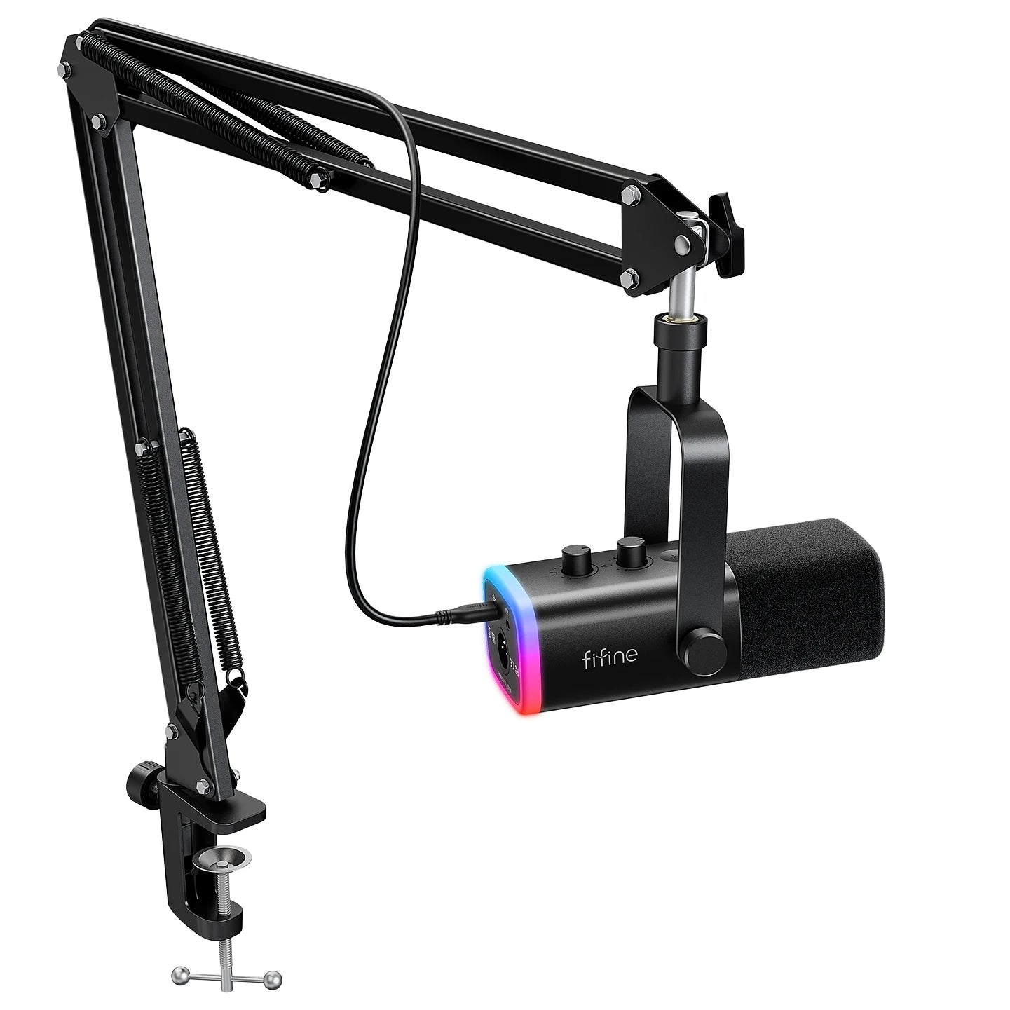 Microphone stand with RGB light on a white background