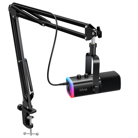 Microphone stand with RGB light on a white background