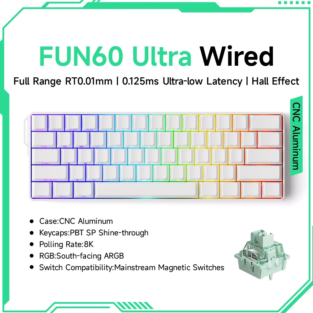 FUN60 Ultra Wired keyboard with specifications on a white background
