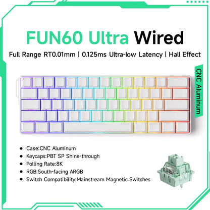 FUN60 Ultra Wired keyboard with specifications on a white background