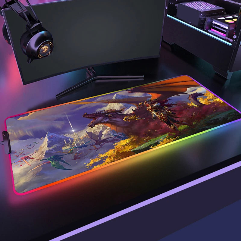 Gaming mouse pad with dragon design in front of a computer setup
