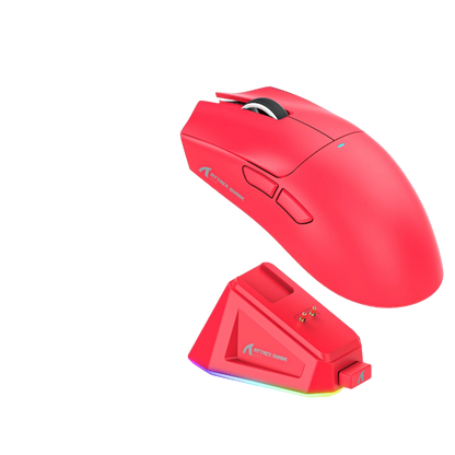 Red gaming mouse with charging dock on a white background, featuring Attack Shark branding.
