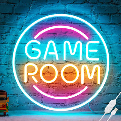 Neon sign with 'GAME ROOM' text on a brick wall background