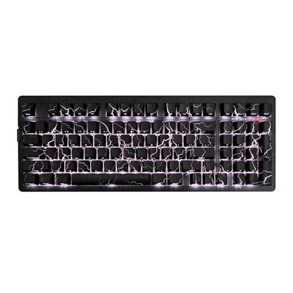 Mechanical keyboard with black and transparent design on a white background
