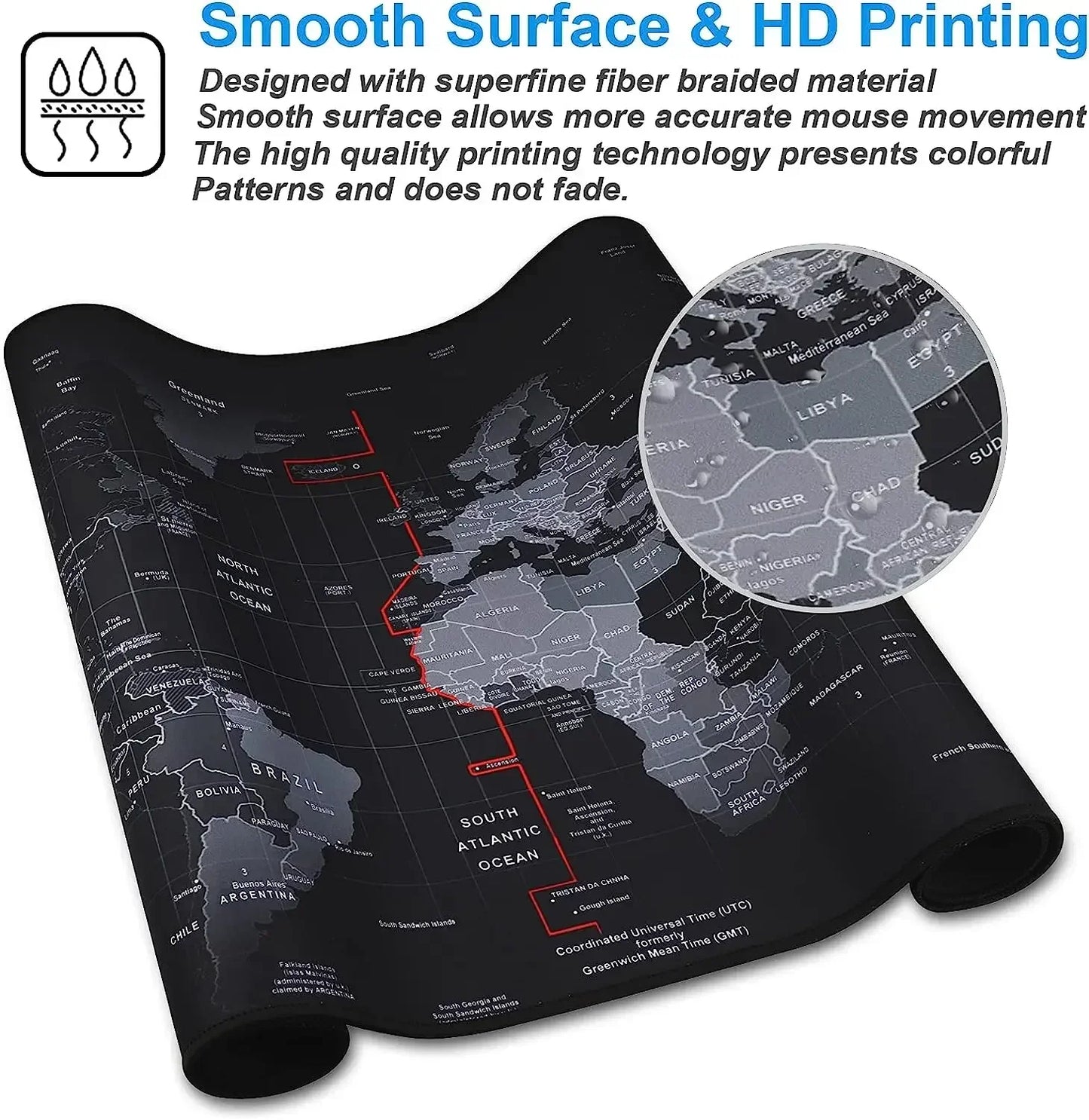 World map mouse pad with smooth surface and HD printing technology, featuring a close-up of the map.