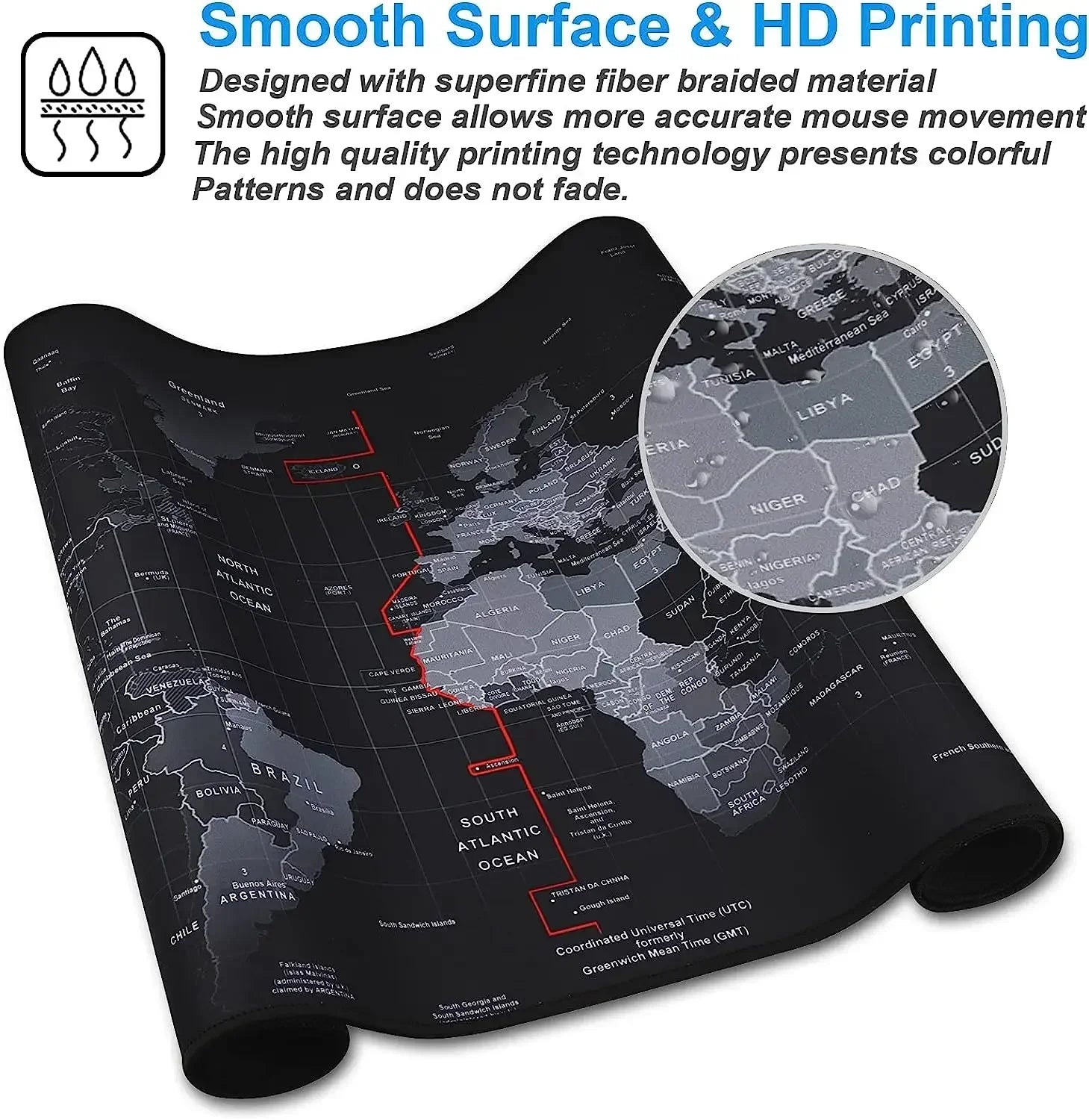 World map mouse pad with smooth surface and HD printing technology, featuring a close-up of the map.