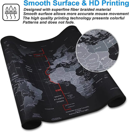 World map mouse pad with smooth surface and HD printing technology, featuring a close-up of the map.