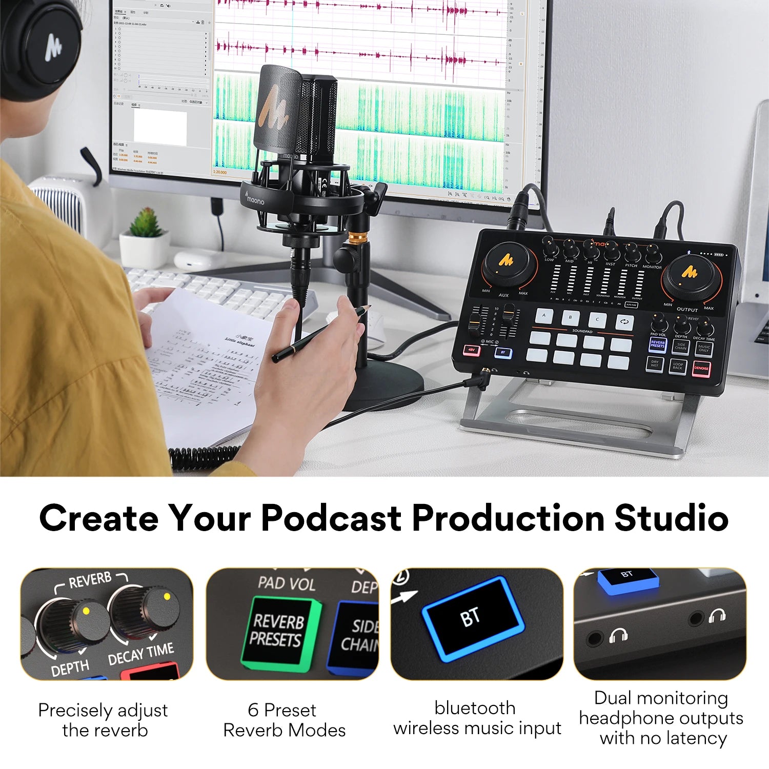 Person using podcast production equipment with text 'Create Your Podcast Production Studio'.