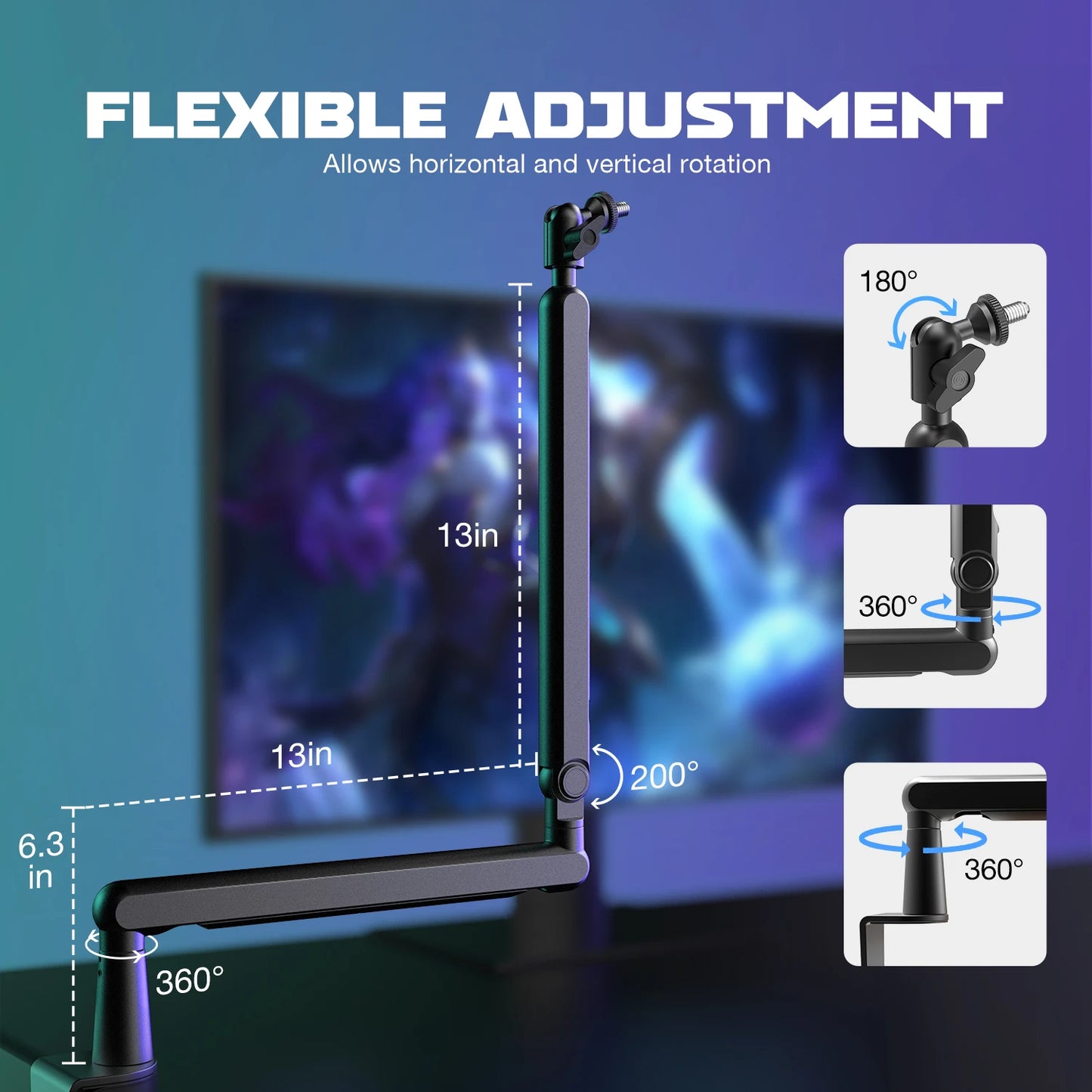 Flexible adjustment stand with horizontal and vertical rotation capabilities, displayed against a blurred screen background.