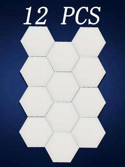 Hexagonal white tiles arranged in a pattern on a dark blue background with '12 PCS' text above.