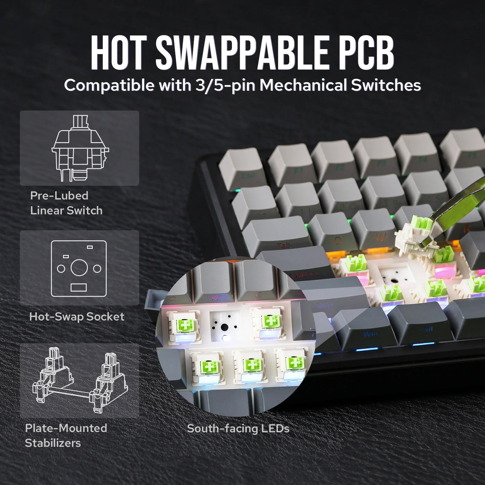 Mechanical keyboard with hot swappable PCB features on a dark background