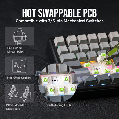 Mechanical keyboard with hot swappable PCB features on a dark background