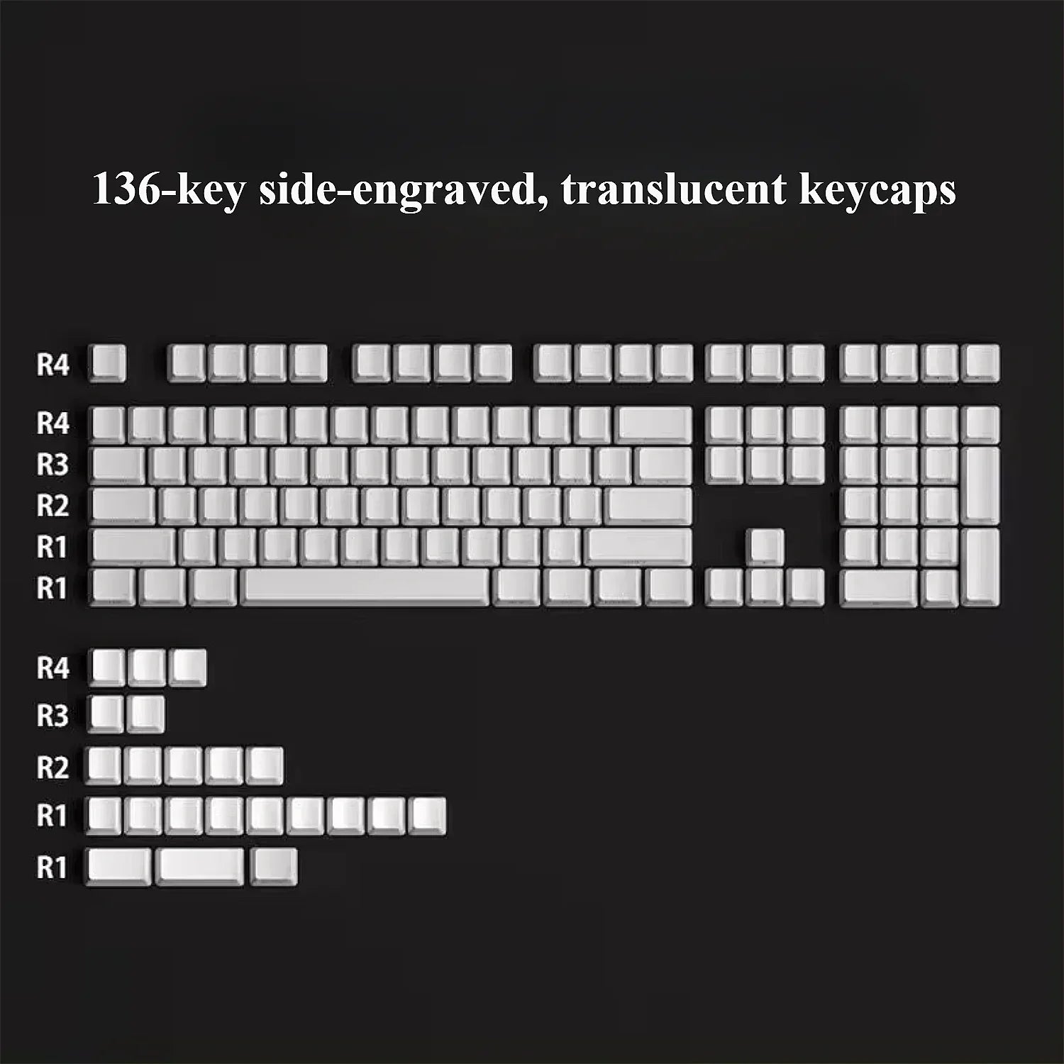 136-key side-engraved, translucent keycaps layout on a black background