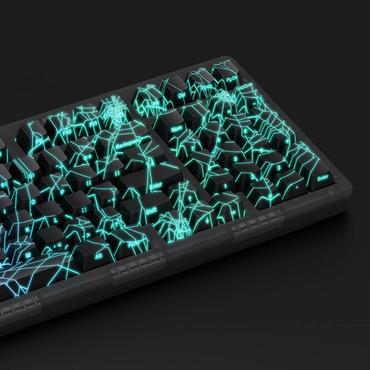 Glowing mechanical keyboard with unique key designs on a dark background