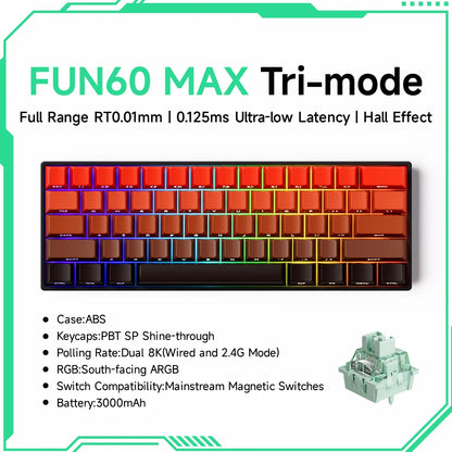 FUN60 MAX Tri-mode keyboard with specifications on a white background