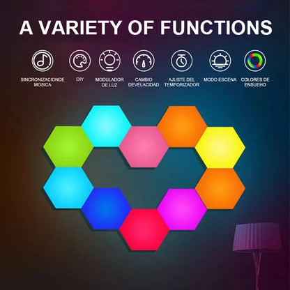 Hexagonal LED lights in various colors with functions listed on a dark background