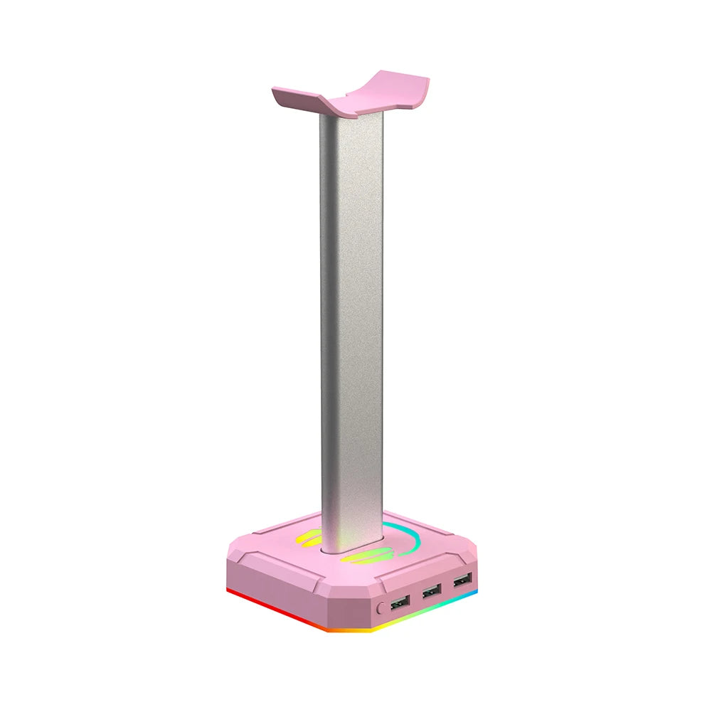 Pink and silver gaming console stand with colorful base on a white background