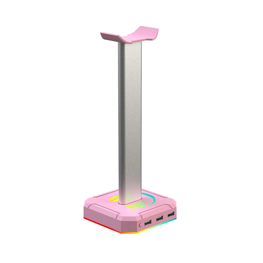 Pink and silver gaming console stand with colorful base on a white background
