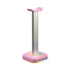 Pink and silver gaming console stand with colorful base on a white background