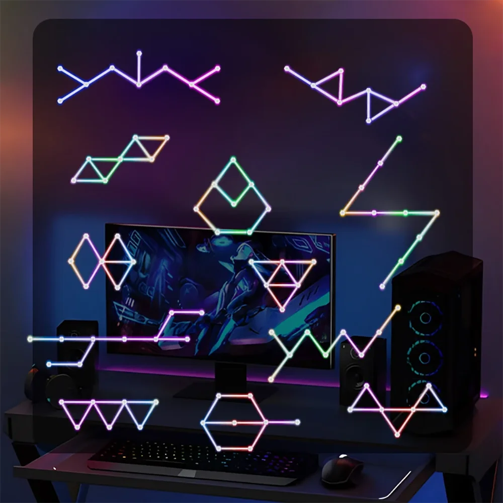 Gaming setup with neon geometric lights on a dark background