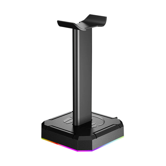Black gaming headset stand with RGB lighting on a white background