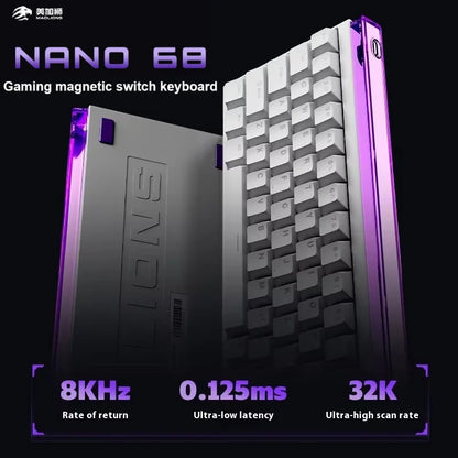 Gaming magnetic switch keyboard with specifications on a black background