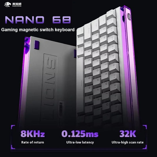 Gaming magnetic switch keyboard with specifications on a black background