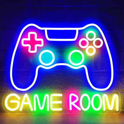 Neon sign shaped like a gaming controller with 'GAME ROOM' text on a dark background