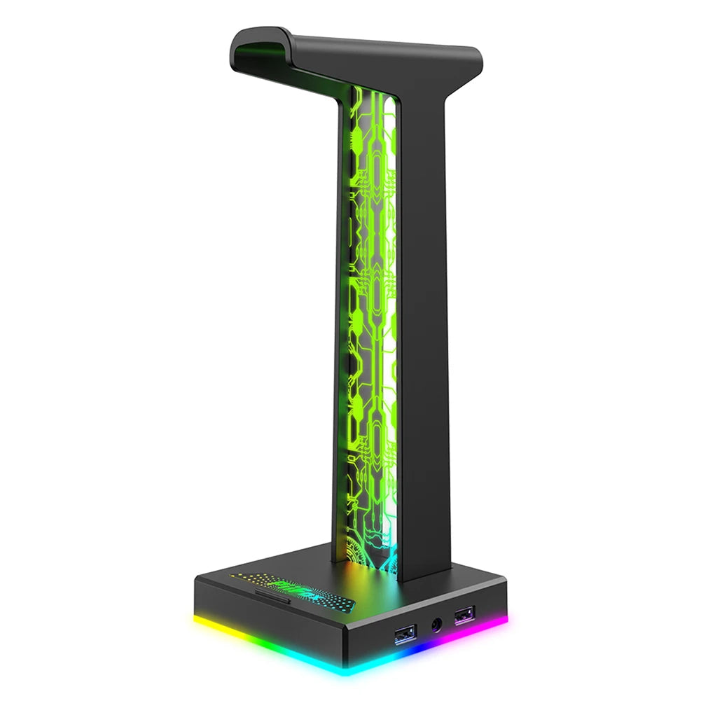 Gaming console stand with RGB lighting on a white background