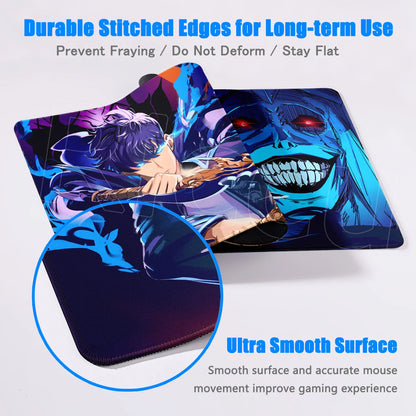 Mouse pad with artistic design featuring a character and skeleton, text about durability and smooth surface.