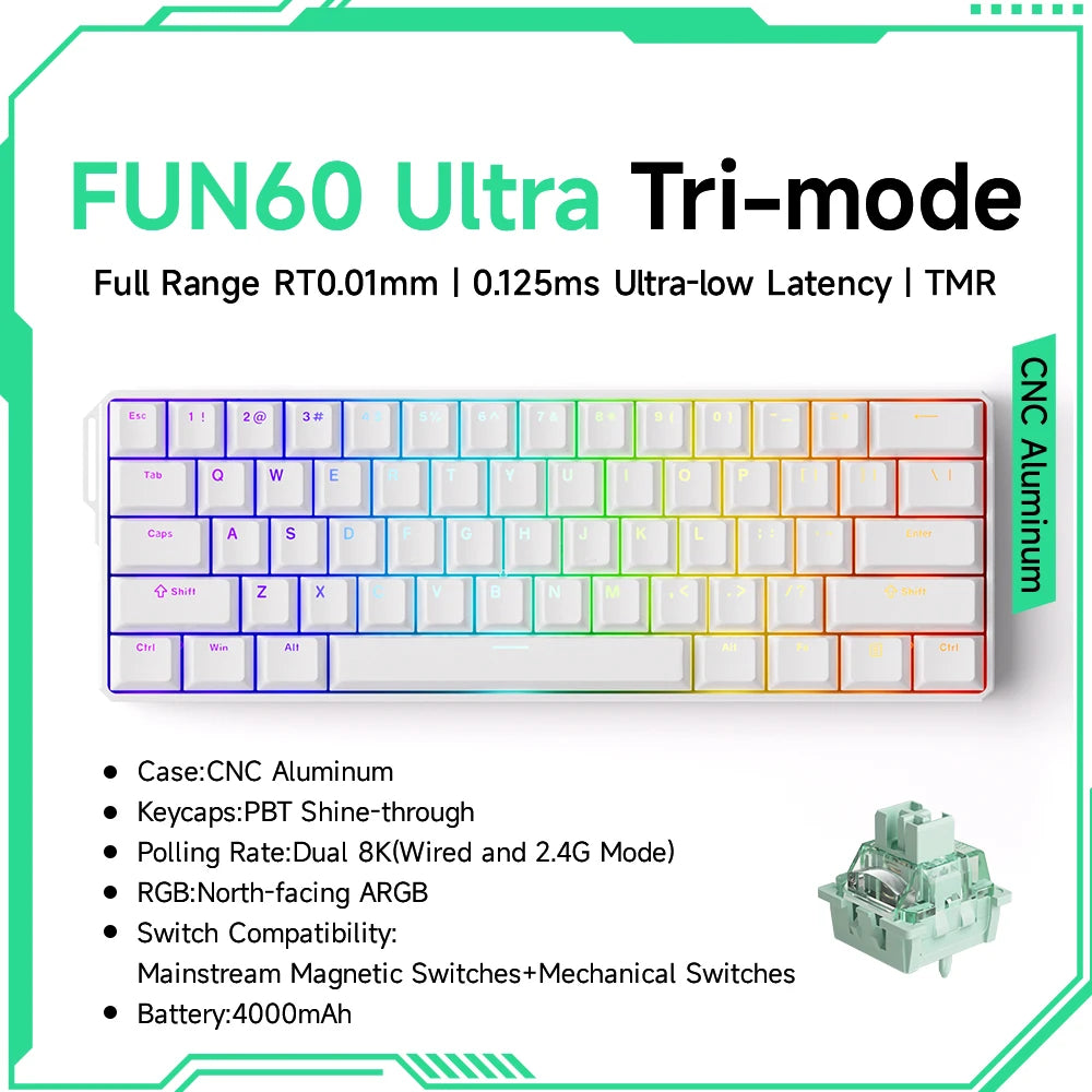 FUN60 Ultra Tri-mode keyboard with colorful keycaps on a white background