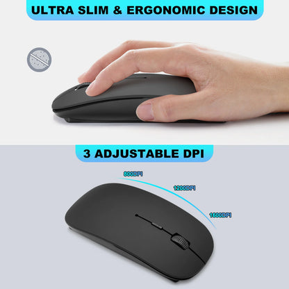 Hand using a black computer mouse with text highlighting 'Ultra Slim & Ergonomic Design' and '3 Adjustable DPI'.