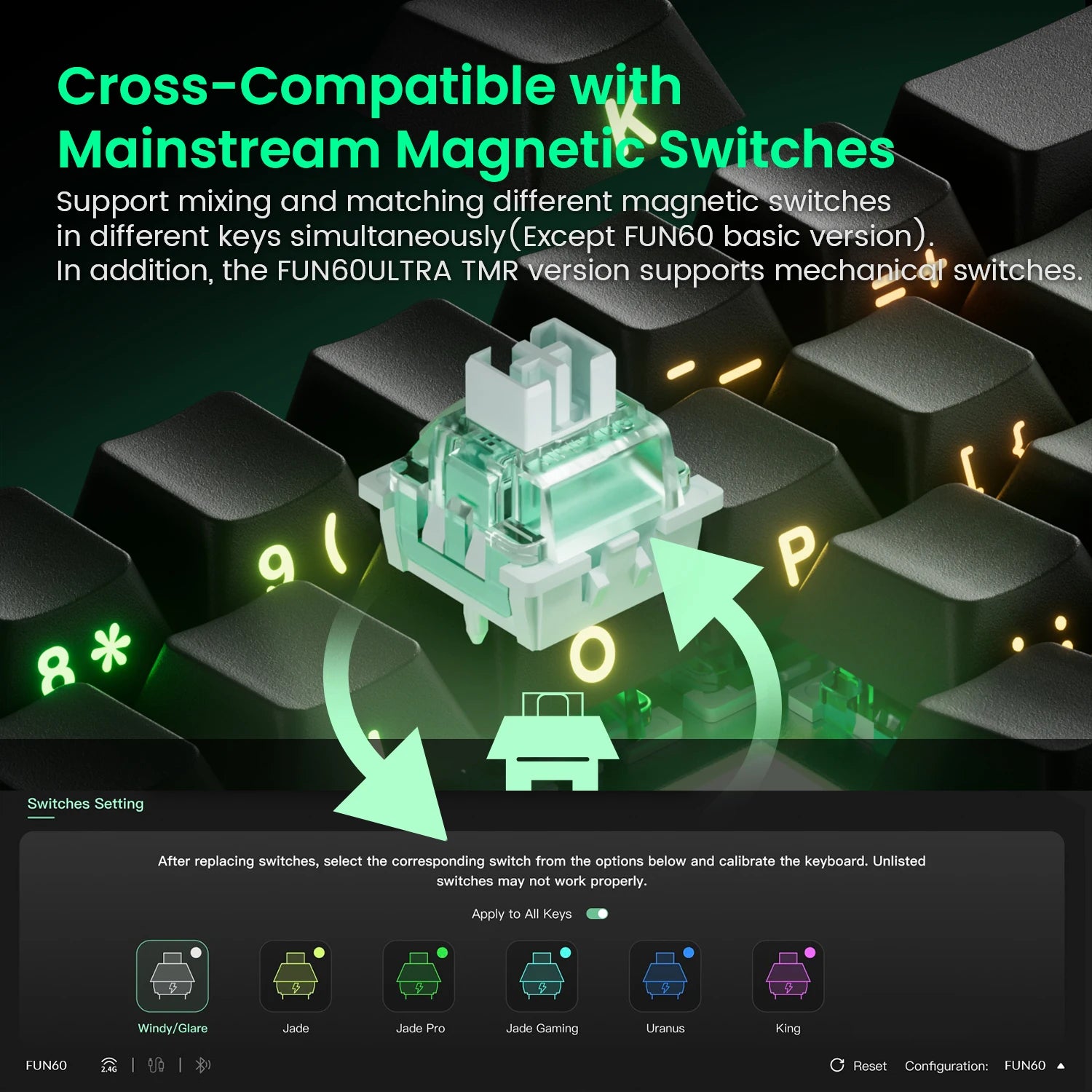 Keyboard switch mechanism with text about cross-compatibility with mainstream magnetic switches.