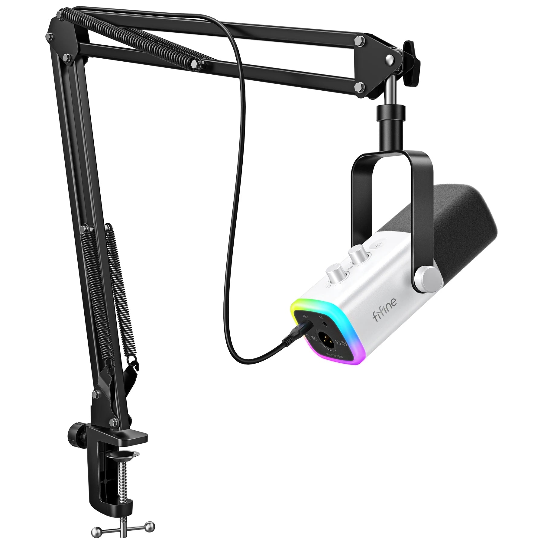 Microphone stand with a camera on a white background