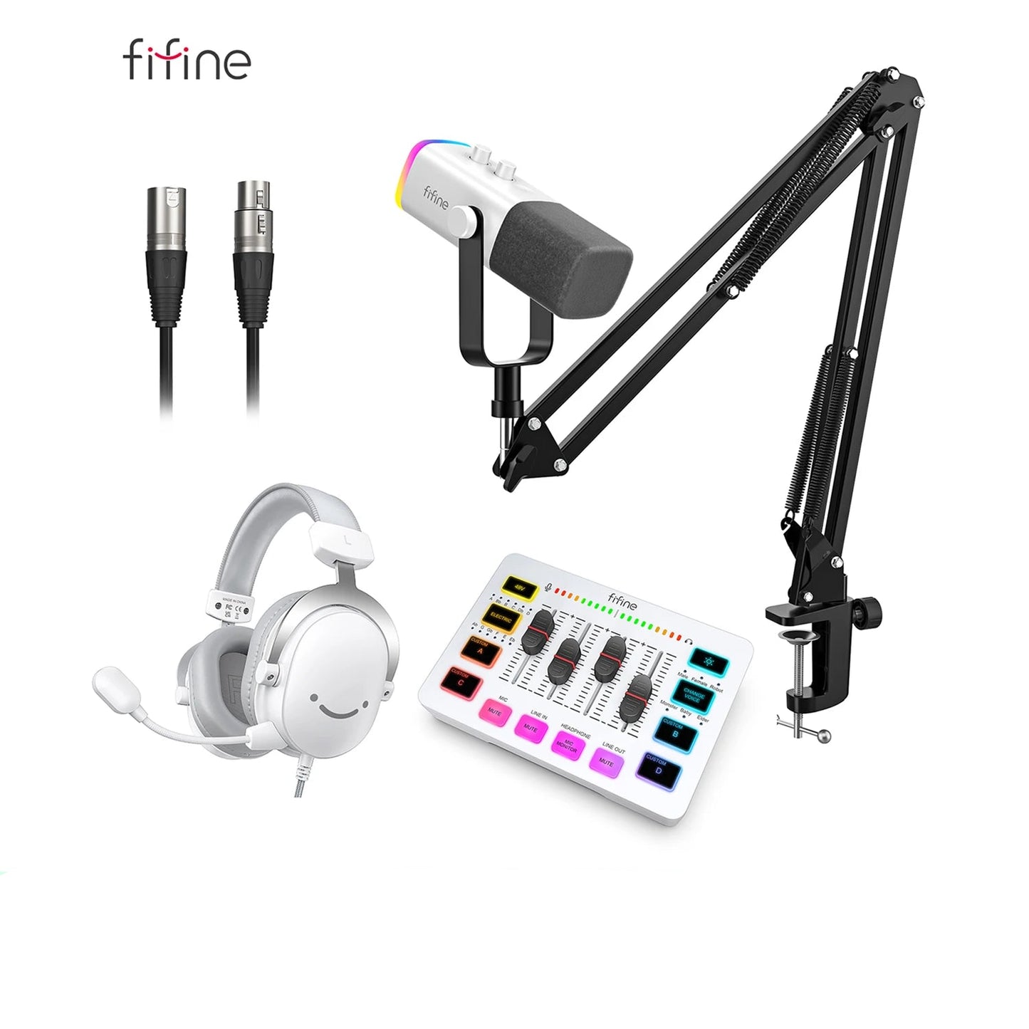 Set of audio equipment including a microphone, headset, and control panel on a white background with 'fifine' branding.