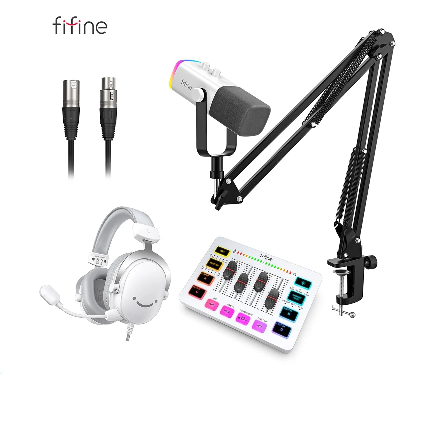 Set of audio equipment including a microphone, headset, and control panel on a white background with 'fifine' branding.